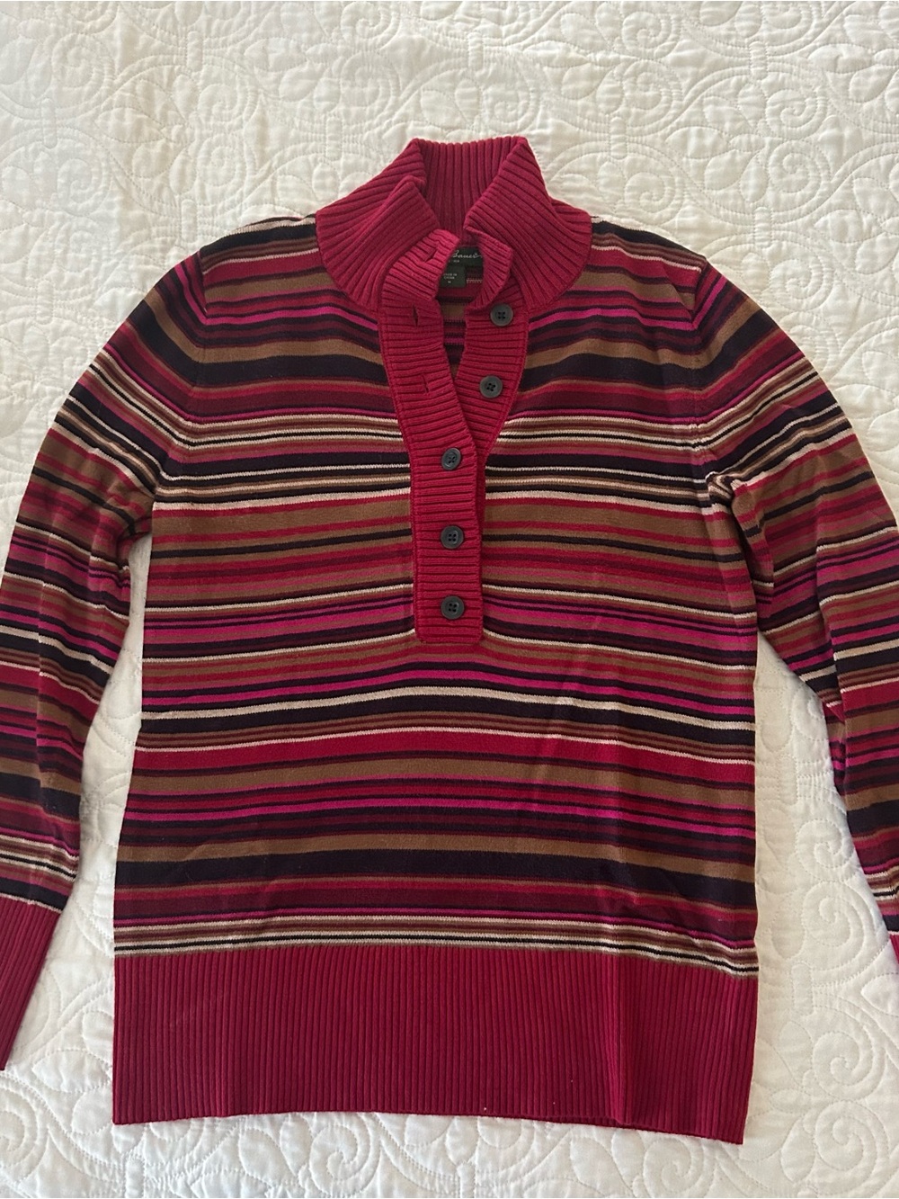 Eddie Bauer Striped Cowl-Button Sweater in Burgundy, Pink and Brown